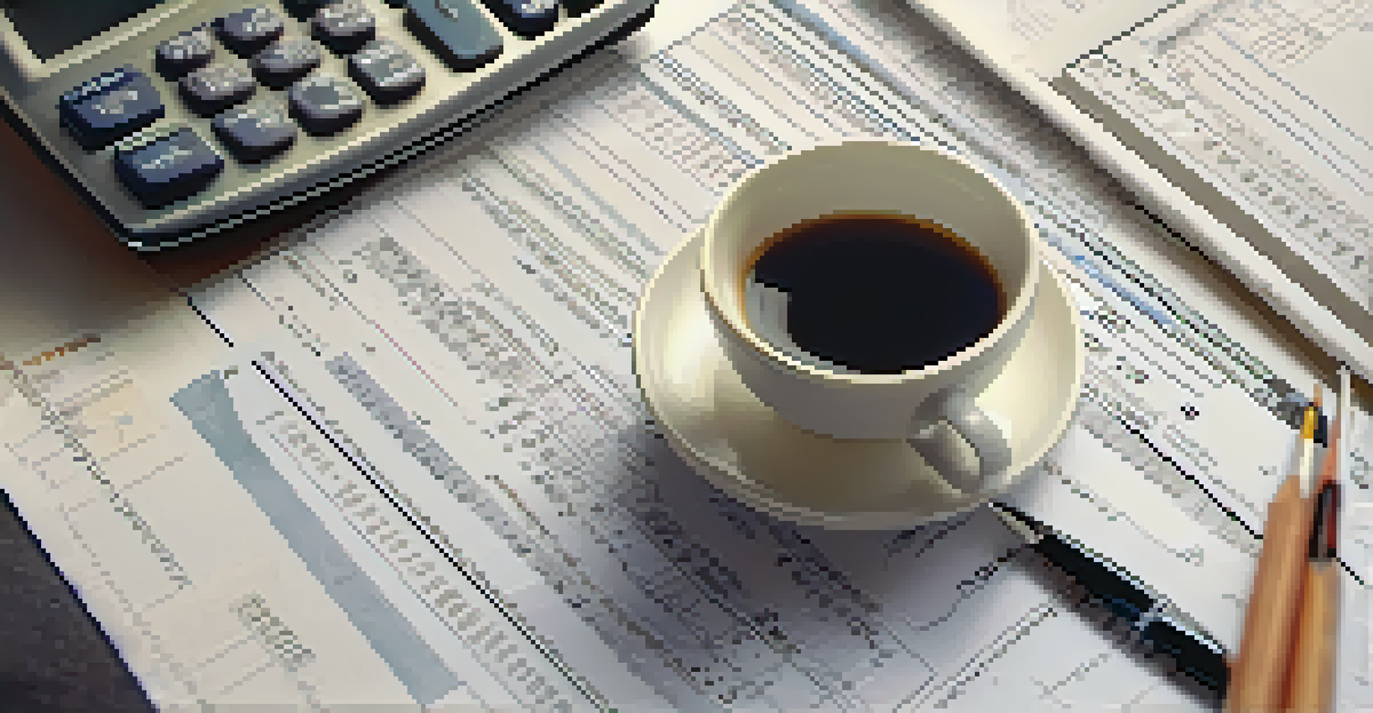 A hand holding a pen over a tax form, with a calculator and a coffee cup in the background, creating a sense of focus on financial matters.