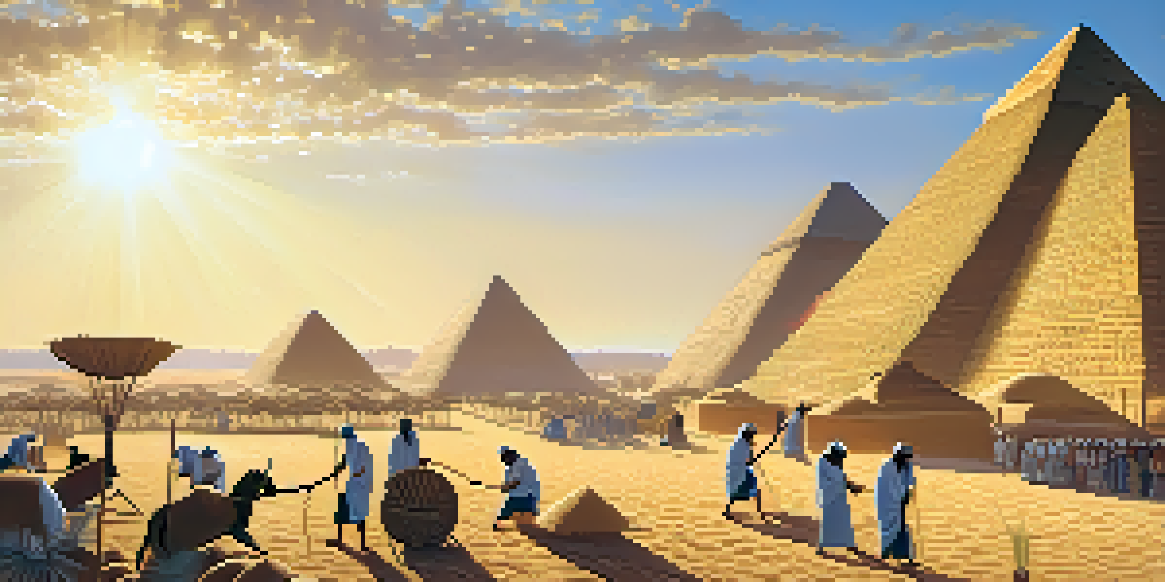 An ancient Egyptian scene with workers collecting grain and pyramids in the background, illuminated by golden sunlight.