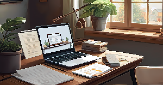 A cozy home office with a wooden desk, laptop, coffee cup, notebook, and houseplants, illuminated by natural light.