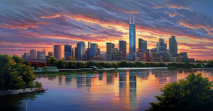 A city skyline at sunset, showcasing modern buildings and a river, with warm colors reflecting in the water.