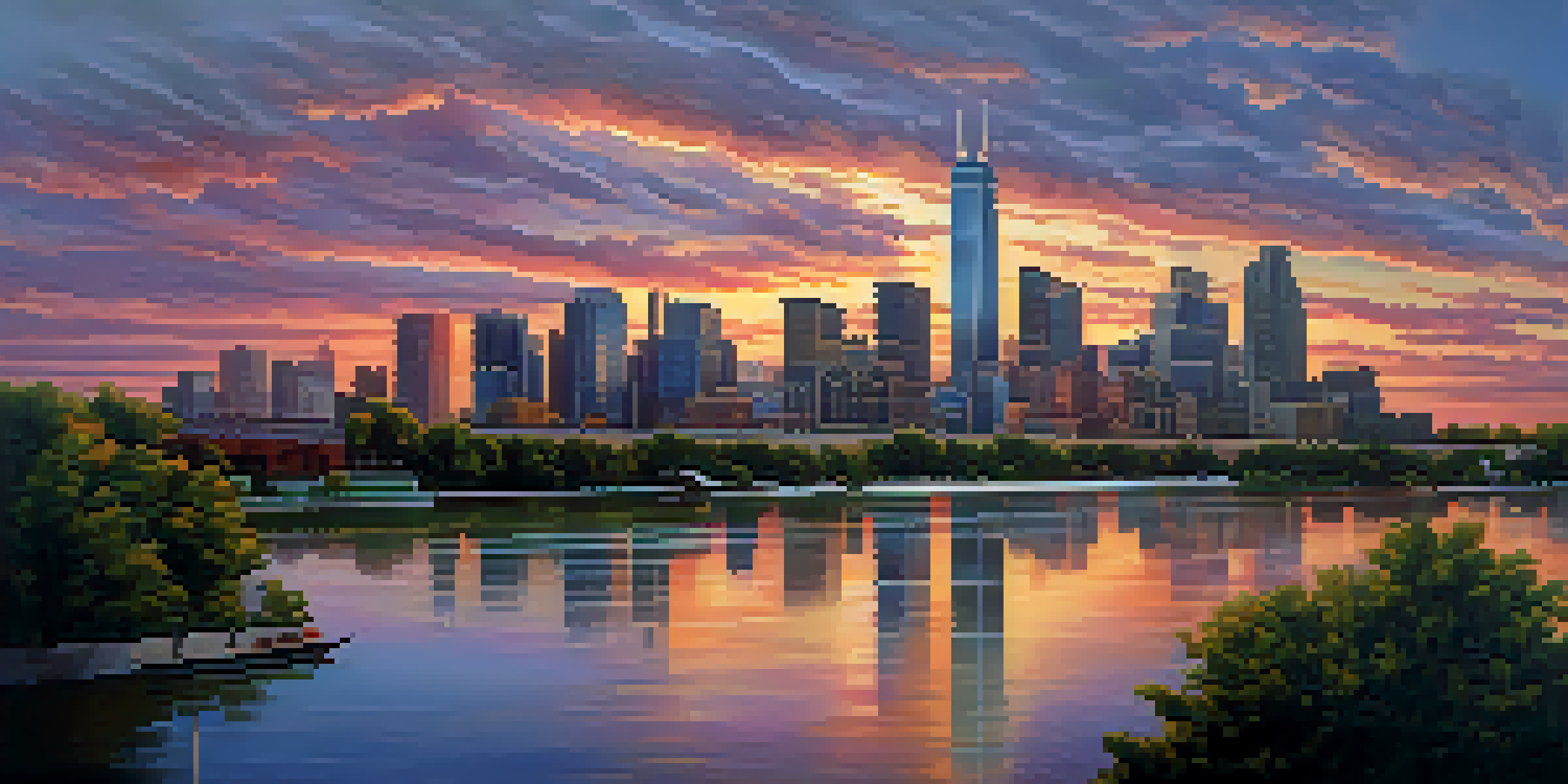 A city skyline at sunset, showcasing modern buildings and a river, with warm colors reflecting in the water.