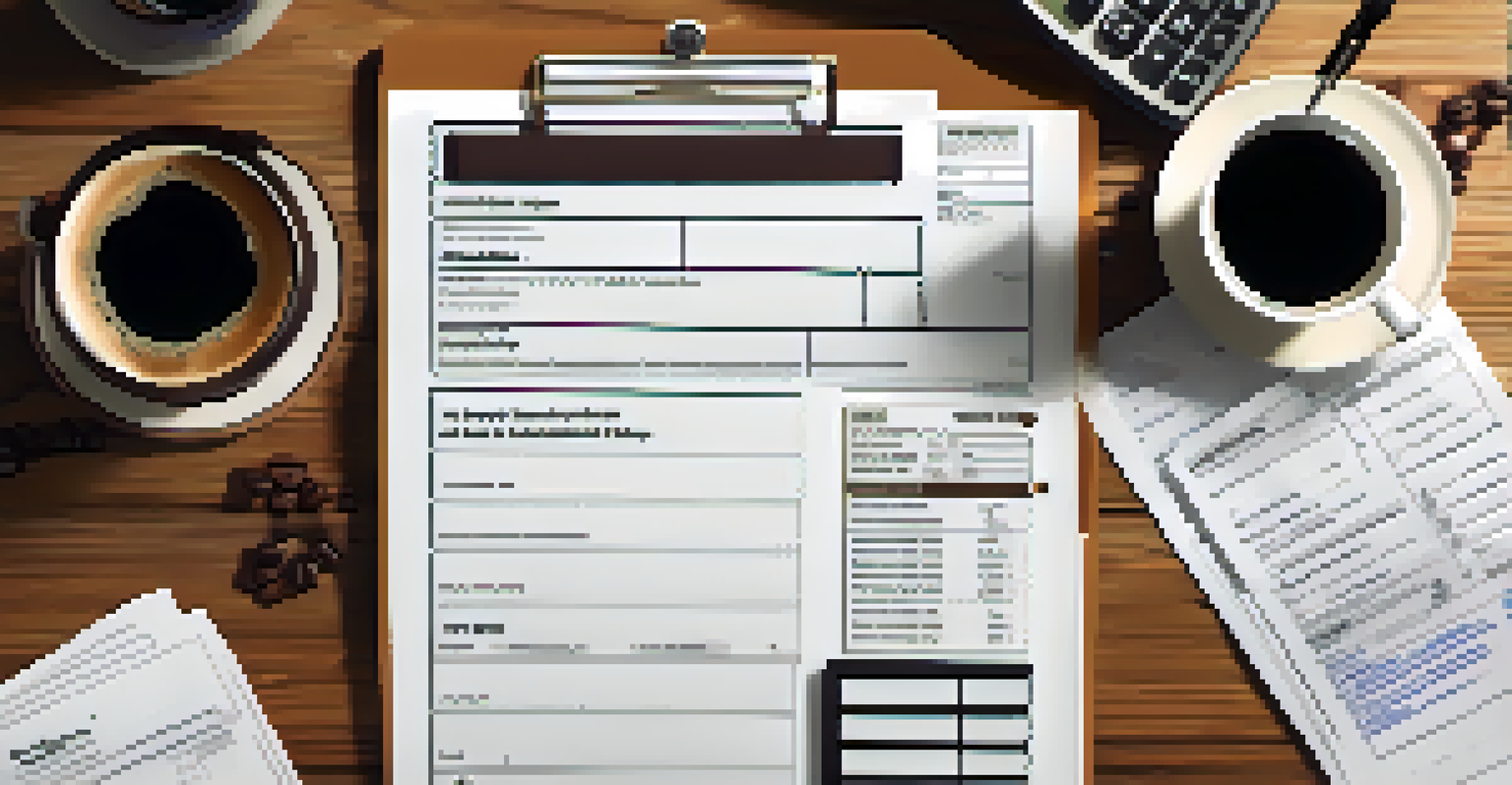 An overhead view of a checklist on a clipboard with tax documents, a calculator, and a cup of coffee on a wooden table.