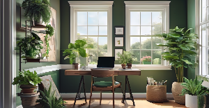 A cozy home office with a modern desk, laptop, indoor plants, and warm natural lighting.