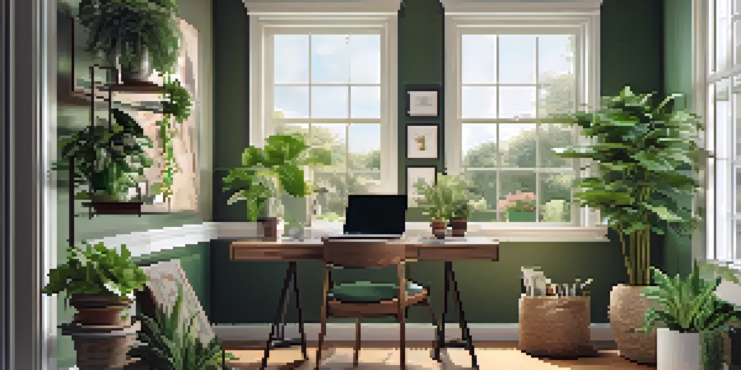 A cozy home office with a modern desk, laptop, indoor plants, and warm natural lighting.