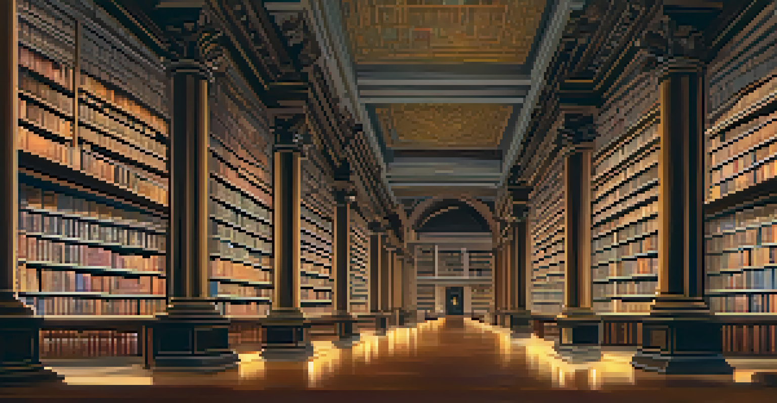 A digital library filled with glowing books representing transactions, with warm lighting and intricate architectural details.