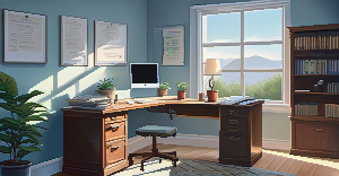 A bright and organized office space with a wooden desk, tax documents, a laptop, and a potted plant, bathed in morning light.