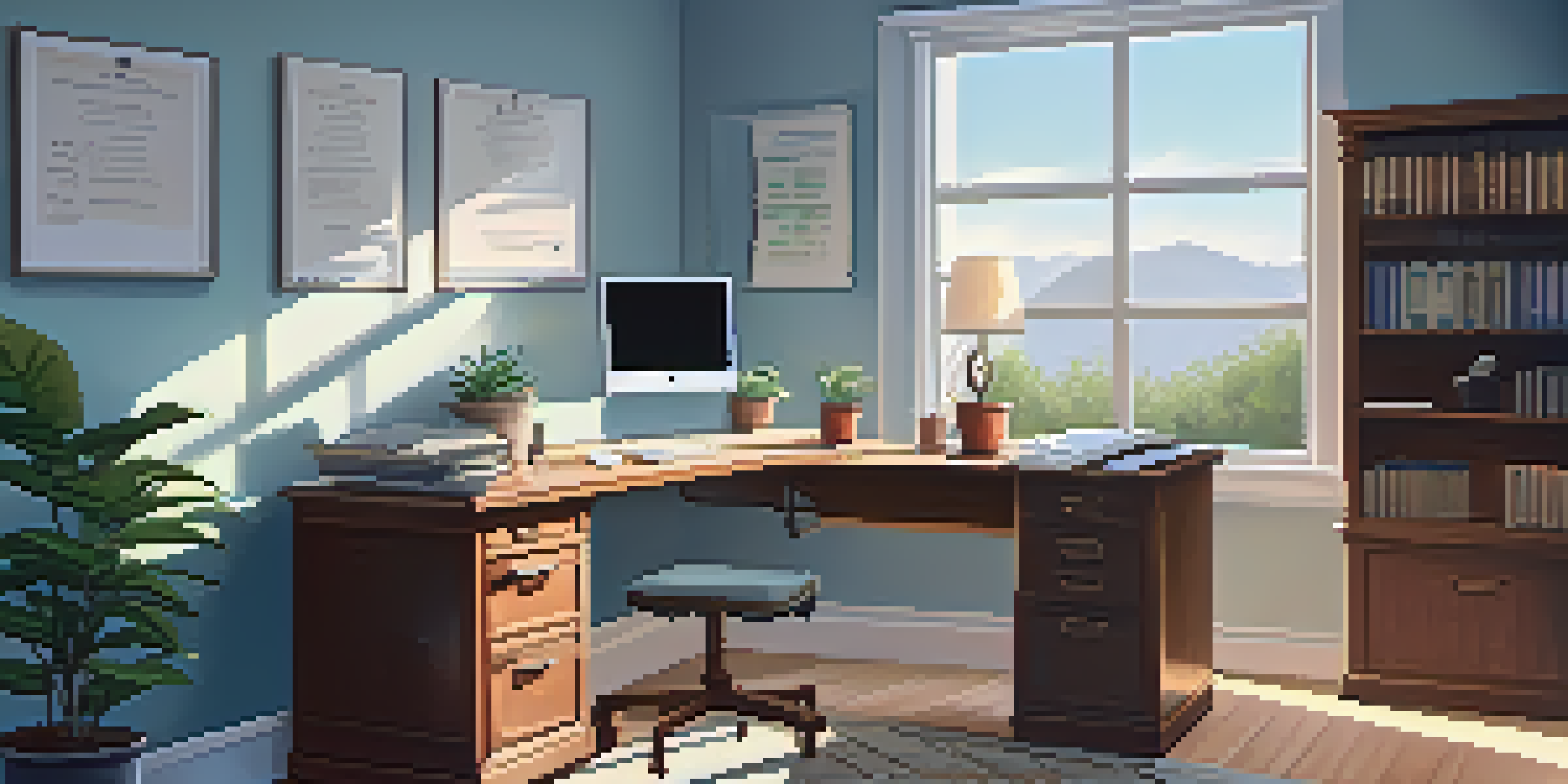 A bright and organized office space with a wooden desk, tax documents, a laptop, and a potted plant, bathed in morning light.