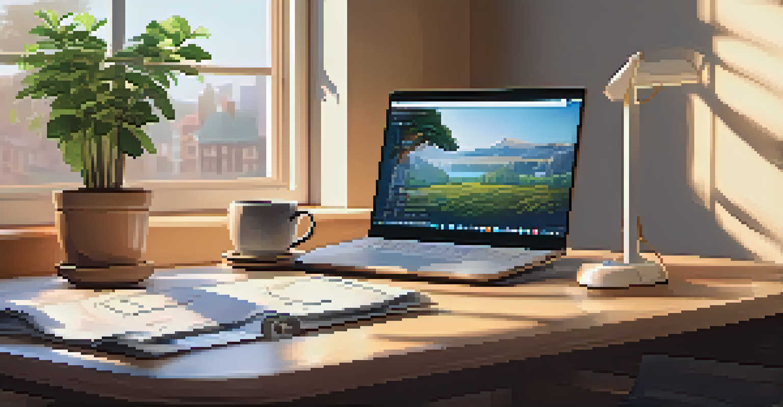 A warm home office with a wooden desk, an open laptop showing financial graphs, a potted plant, and a cup of coffee under natural light.