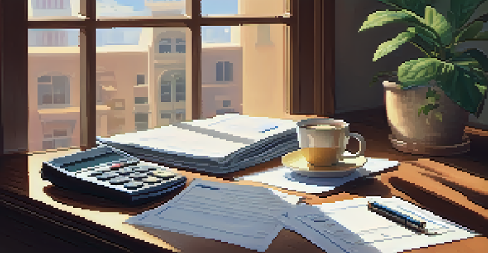 A well-organized desk featuring a tax return document, a calculator, a cup of coffee, and a potted plant, illuminated by warm morning light.