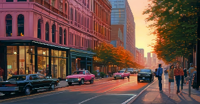 A colorful city skyline at sunset with a mix of modern and historic architecture, people walking on the streets, and trees lining the sidewalks.