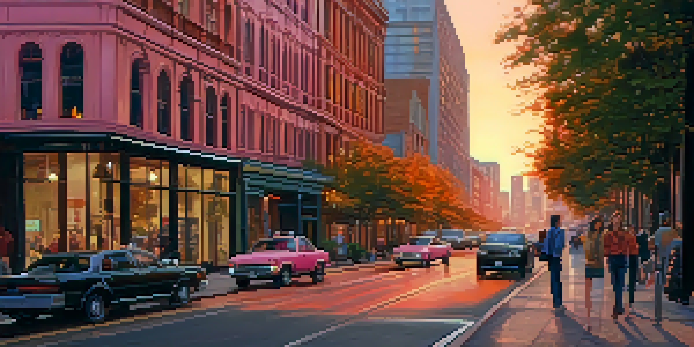 A colorful city skyline at sunset with a mix of modern and historic architecture, people walking on the streets, and trees lining the sidewalks.