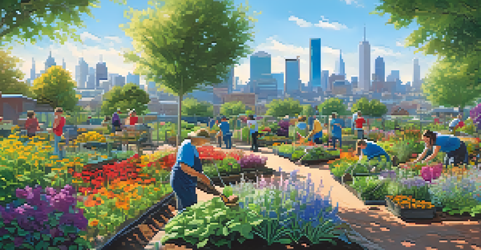 A community garden with volunteers planting and watering under a clear blue sky, with a city skyline in the background.