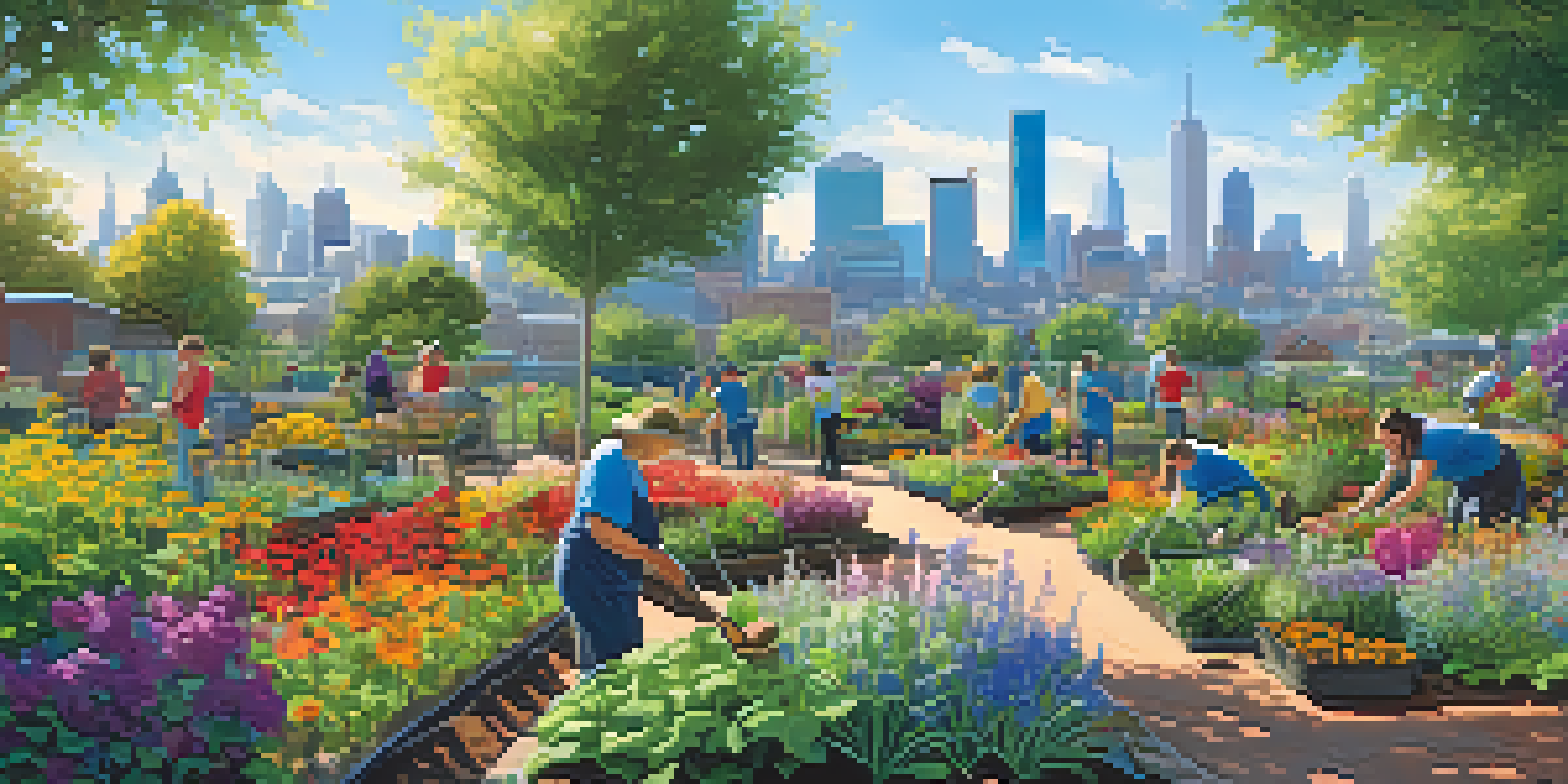 A community garden with volunteers planting and watering under a clear blue sky, with a city skyline in the background.