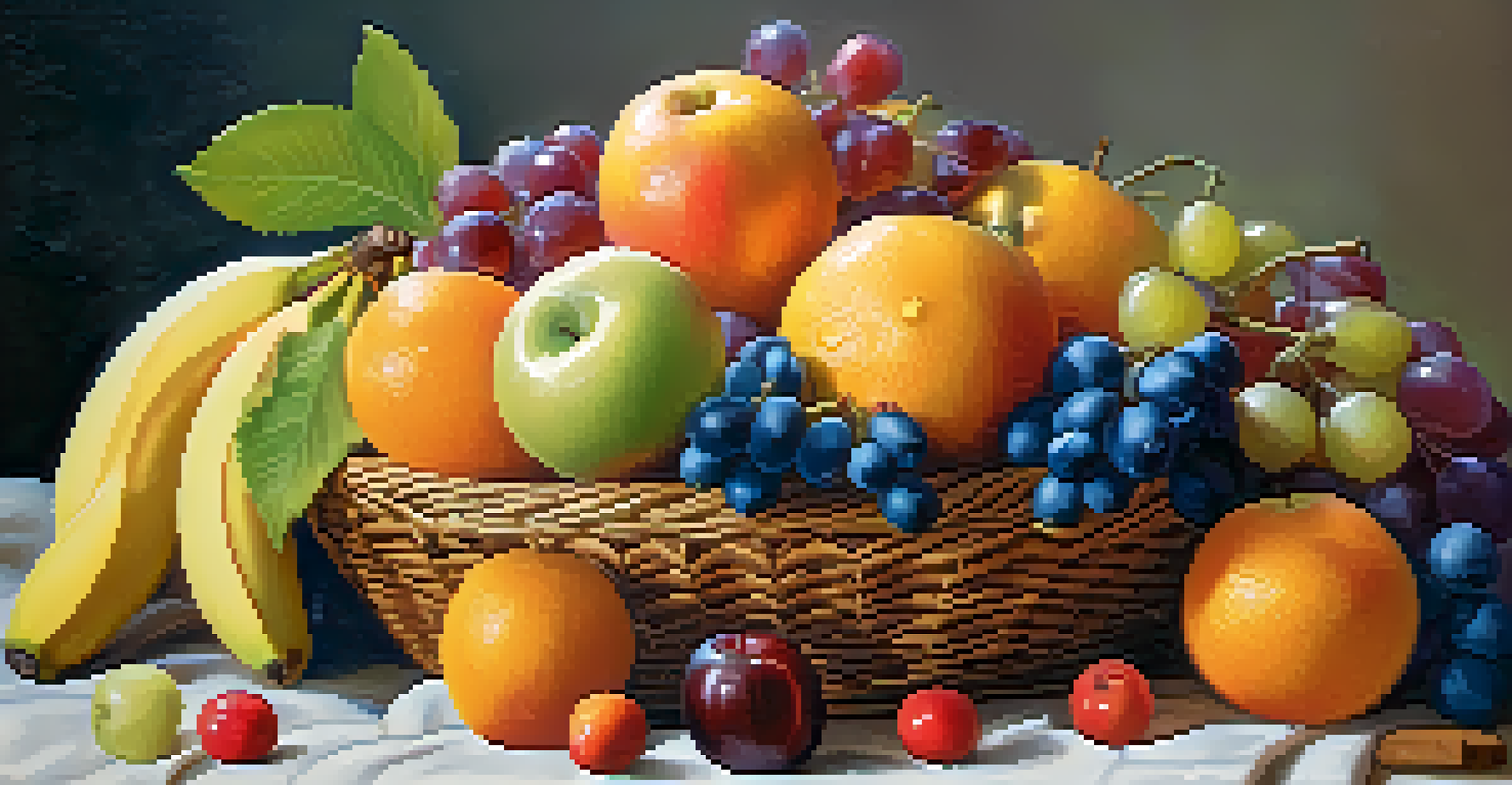 A colorful fruit basket filled with fresh apples, oranges, bananas, and grapes, glistening with dew drops.
