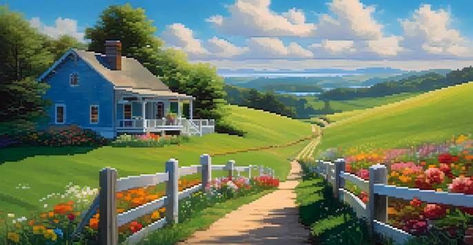 A beautiful rural scene with a green hillside, a rustic farmhouse, and colorful flowers under a blue sky.