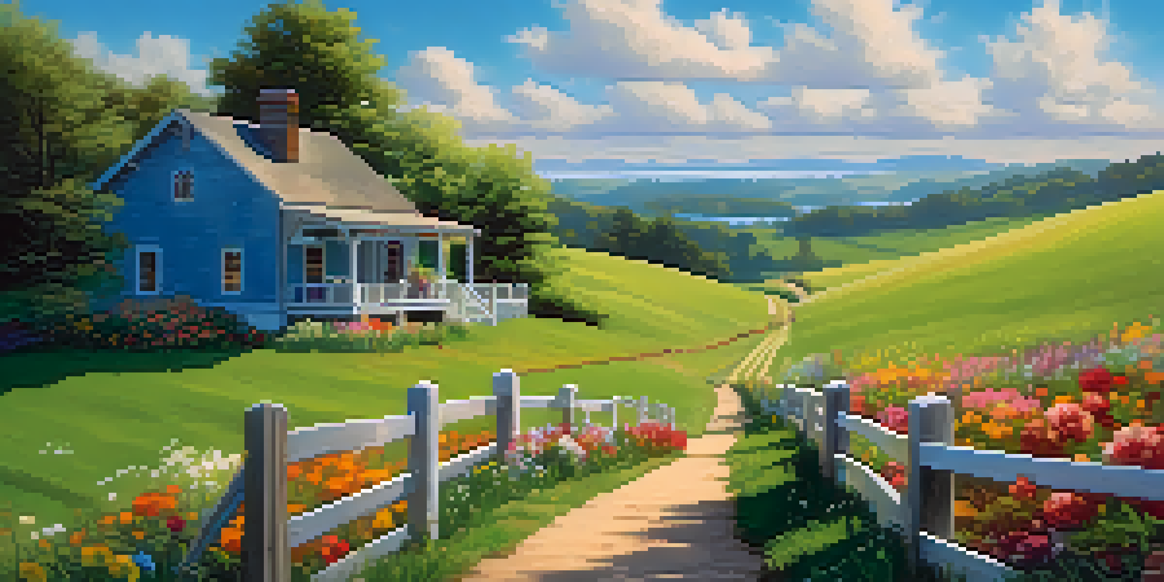 A beautiful rural scene with a green hillside, a rustic farmhouse, and colorful flowers under a blue sky.