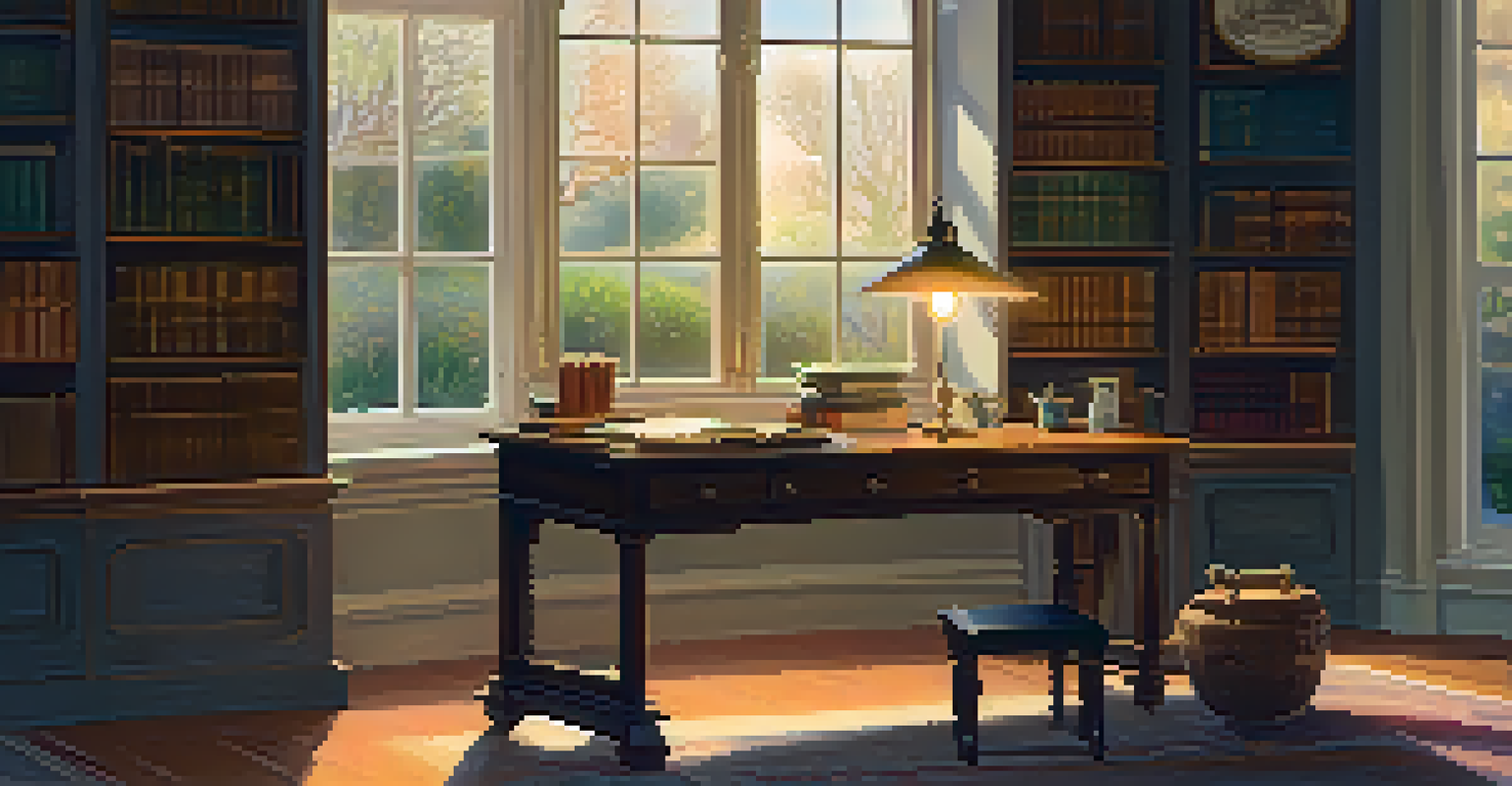 A cozy study room with wooden desk, bookshelves, a vintage lamp, and a view of a garden through the window.