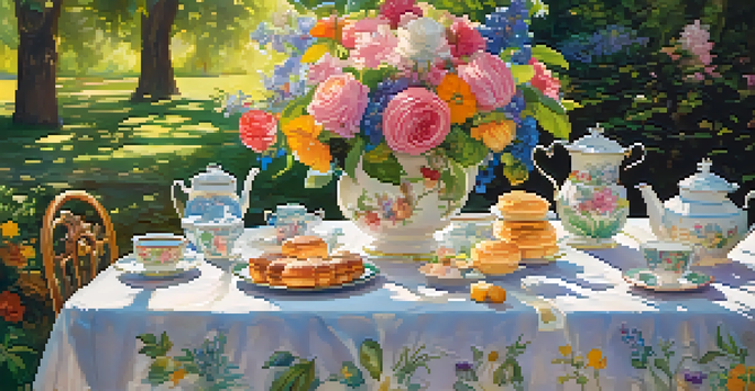 A diverse group of friends enjoying a sunny tea party in a park, surrounded by flowers and greenery.