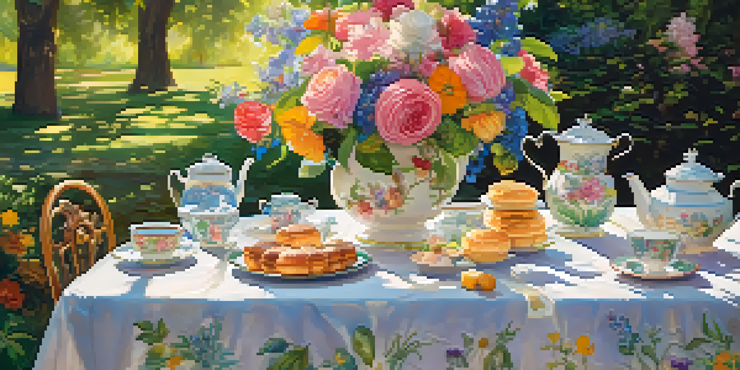 A diverse group of friends enjoying a sunny tea party in a park, surrounded by flowers and greenery.