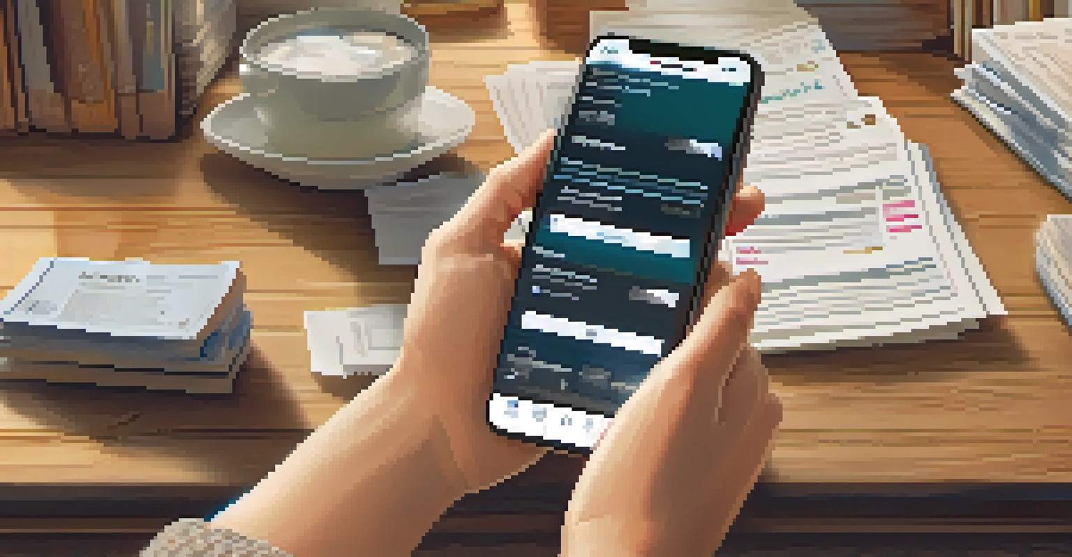 A close-up of hands scanning receipts with a smartphone, with a cloud storage app visible and a cozy living space in the background.