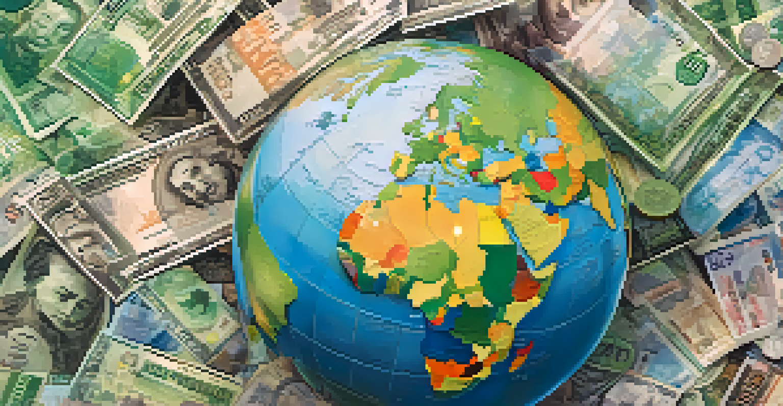 A globe surrounded by various international currency notes and coins, set against a gradient background representing global finance.