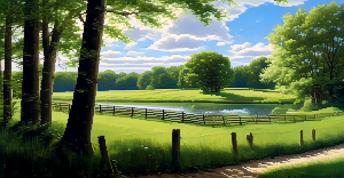 A peaceful green field with a wooden fence and a sparkling stream under a bright blue sky with fluffy clouds.