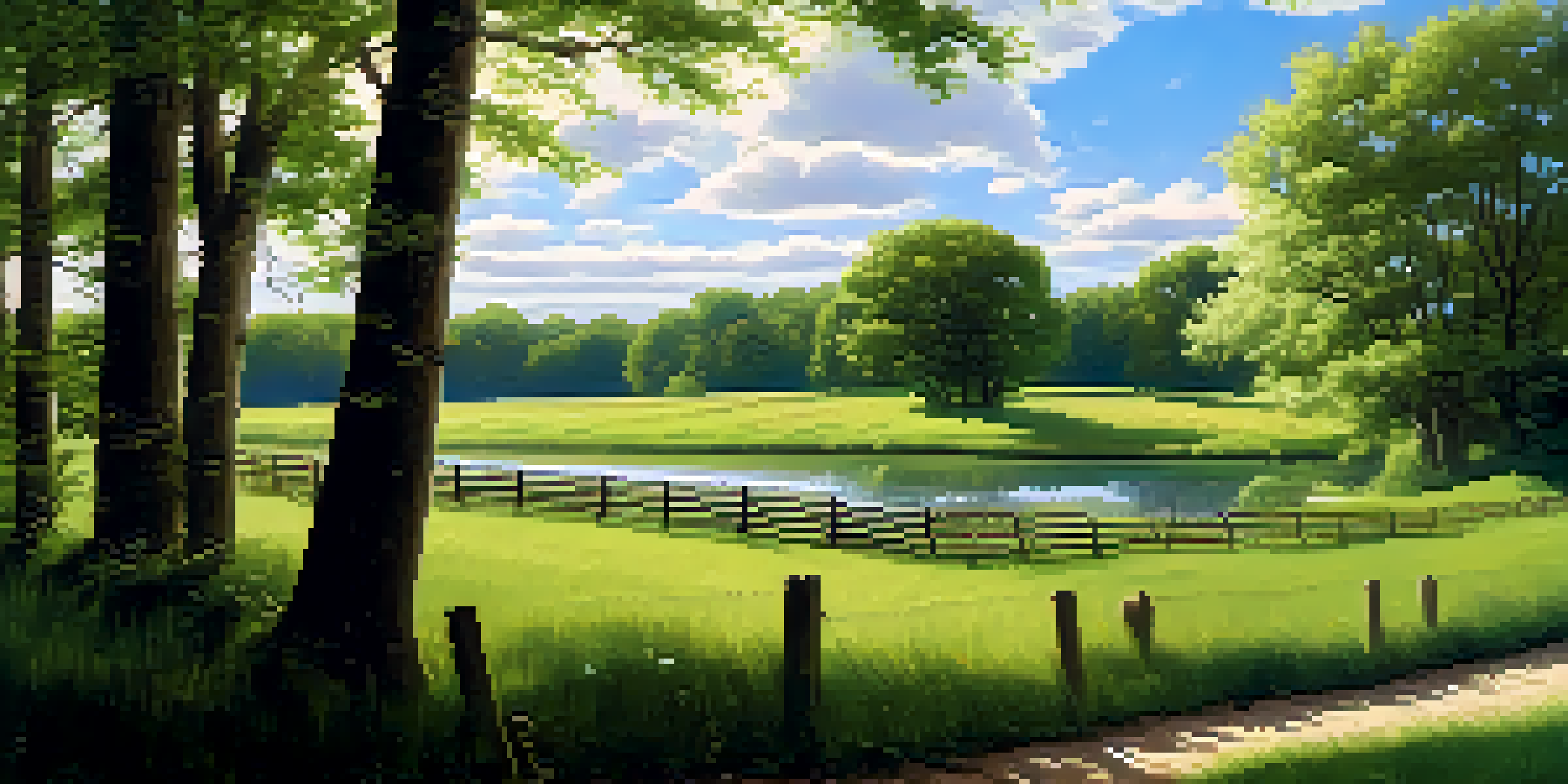 A peaceful green field with a wooden fence and a sparkling stream under a bright blue sky with fluffy clouds.
