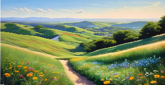 A peaceful landscape with green hills and colorful wildflowers.
