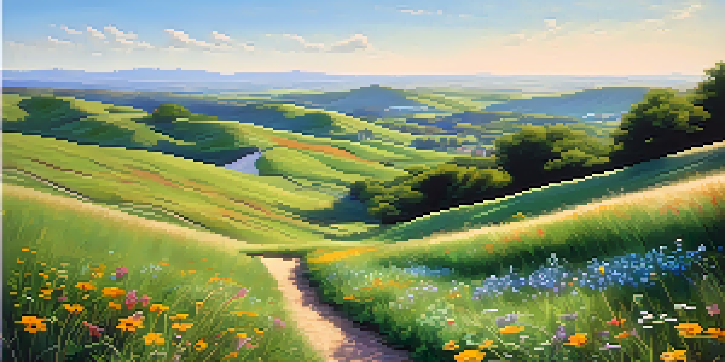 A peaceful landscape with green hills and colorful wildflowers.