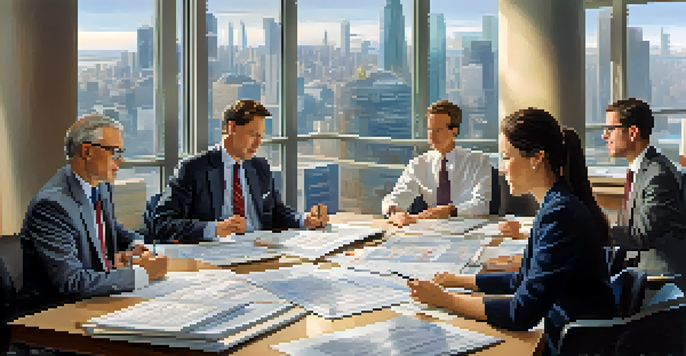 A diverse group of professionals in an office discussing international taxation strategies with charts and documents on a conference table.
