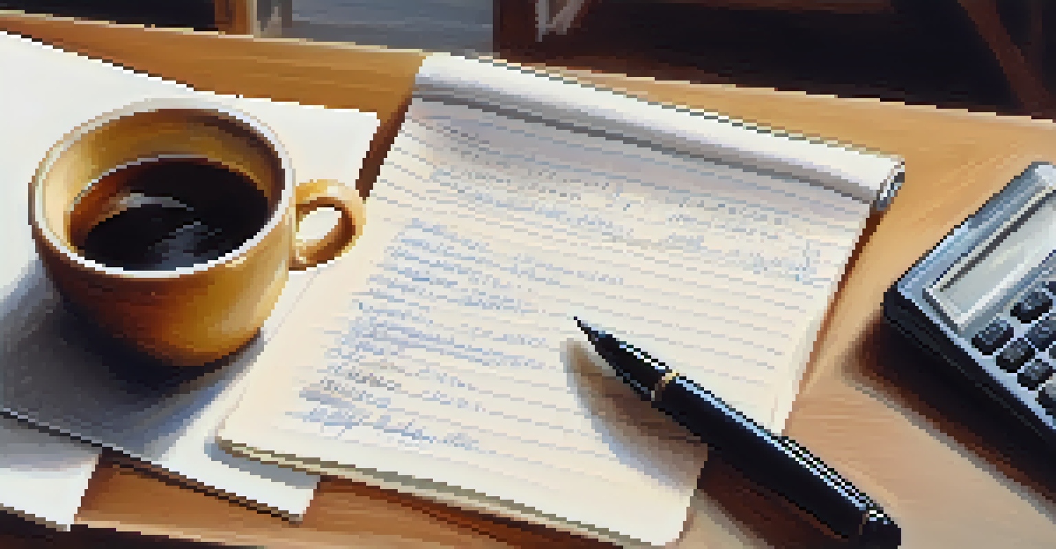 A hand writing on a notepad with a calculator and coffee cup nearby, emphasizing the importance of record-keeping.