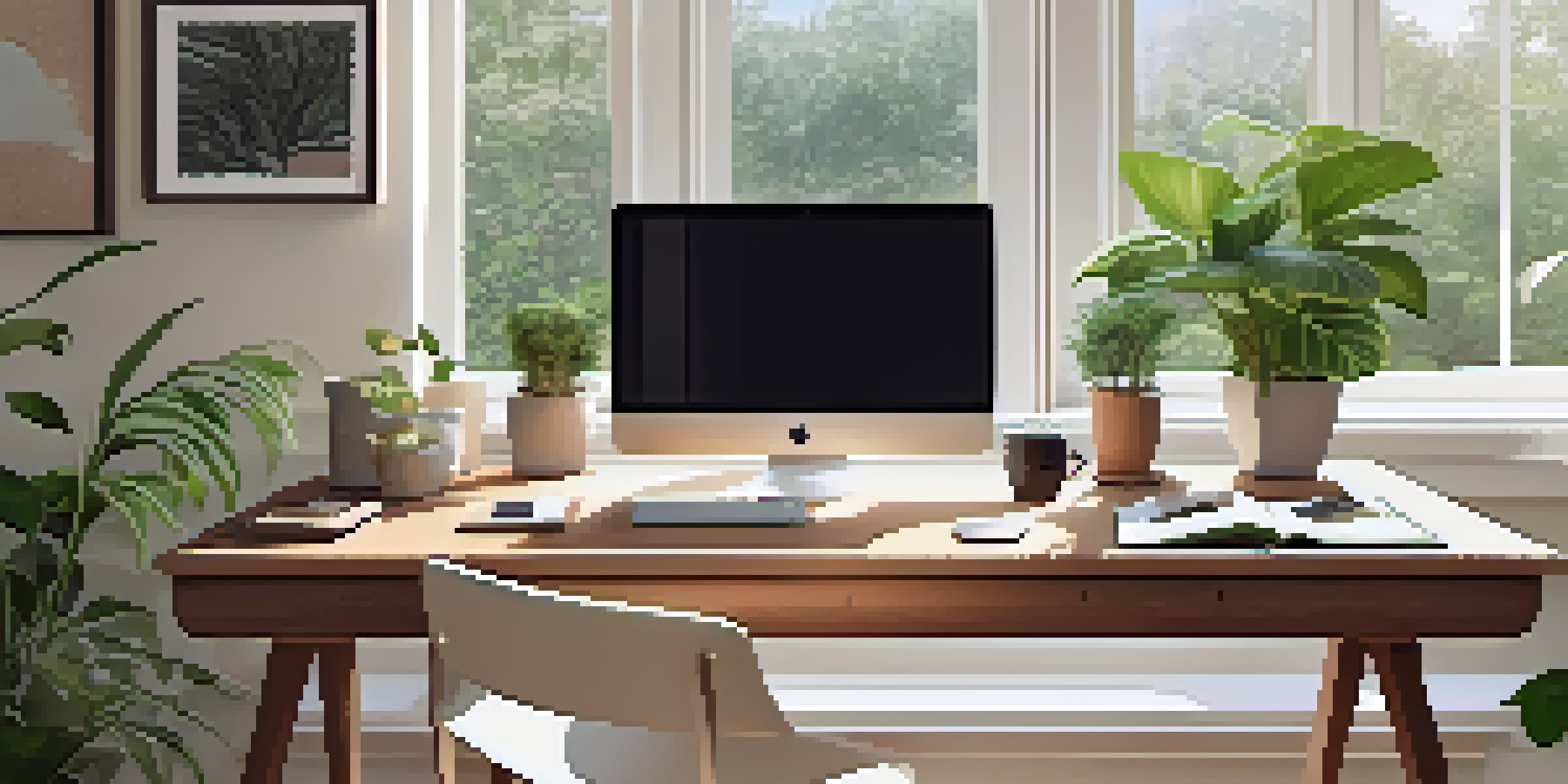 A bright and inviting home office with a desk, laptop, coffee cup, and potted plant, illuminated by natural light from a window overlooking a garden.