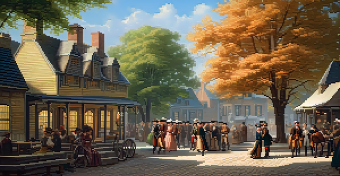 A colonial American town square featuring townsfolk discussing taxation, with wooden buildings and a large oak tree, under warm afternoon sunlight.