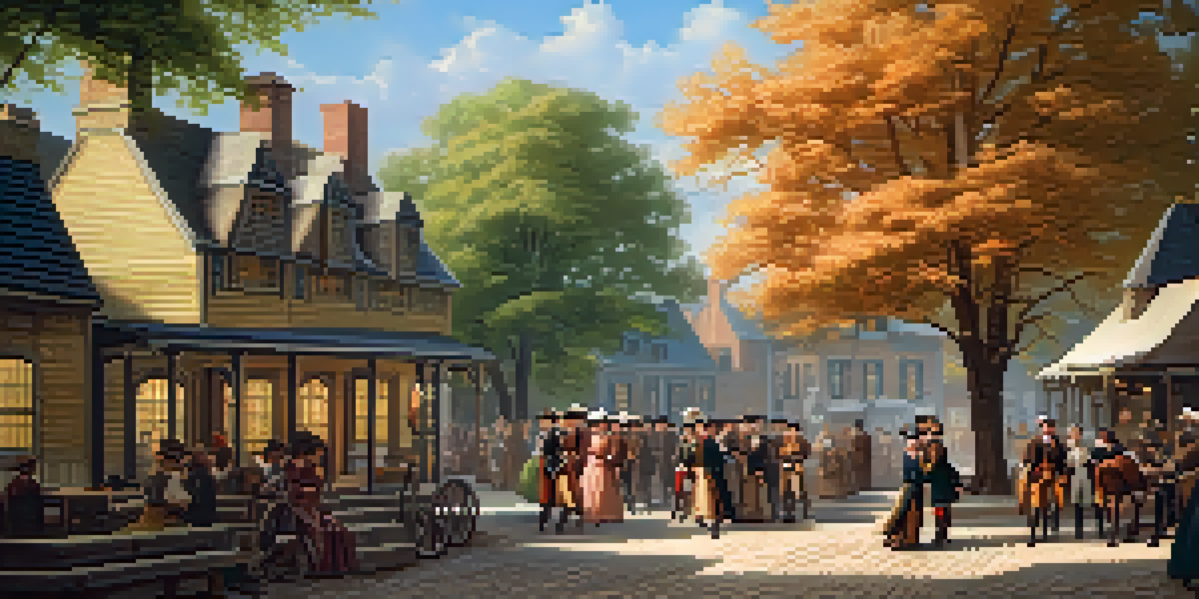 A colonial American town square featuring townsfolk discussing taxation, with wooden buildings and a large oak tree, under warm afternoon sunlight.