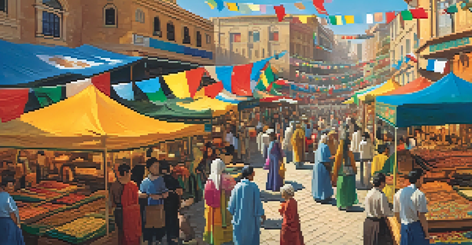 A vibrant international marketplace with stalls displaying food and crafts from different cultures, busy shoppers, and colorful flags under a clear blue sky.