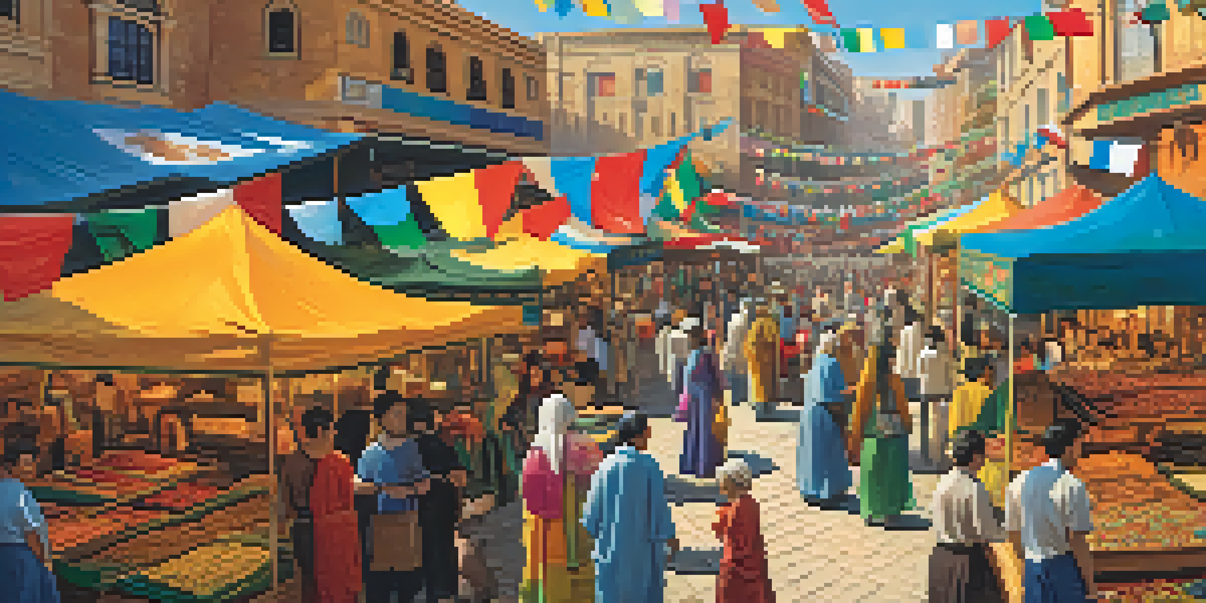 A vibrant international marketplace with stalls displaying food and crafts from different cultures, busy shoppers, and colorful flags under a clear blue sky.