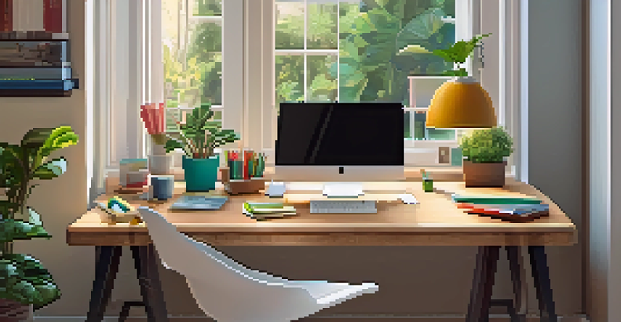 A cozy home office with a laptop on a wooden desk, surrounded by plants and stationery under natural light.