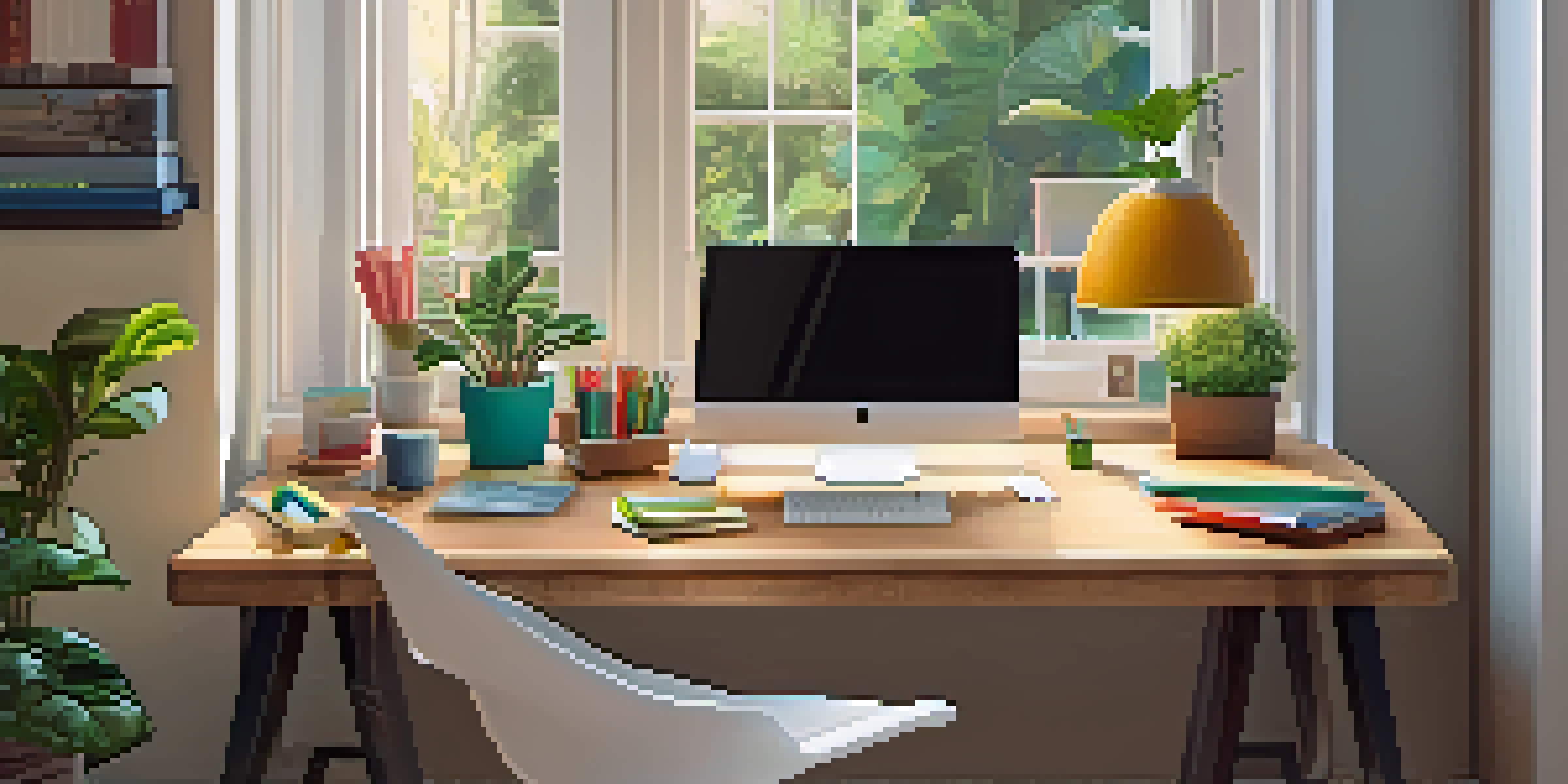 A cozy home office with a laptop on a wooden desk, surrounded by plants and stationery under natural light.