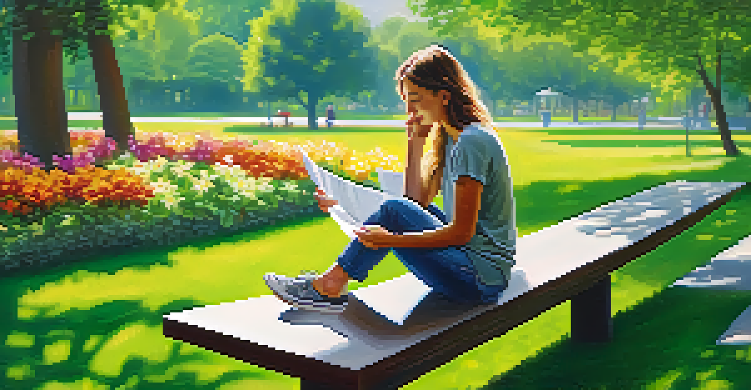 A person reviewing financial documents on a park bench surrounded by greenery and flowers.