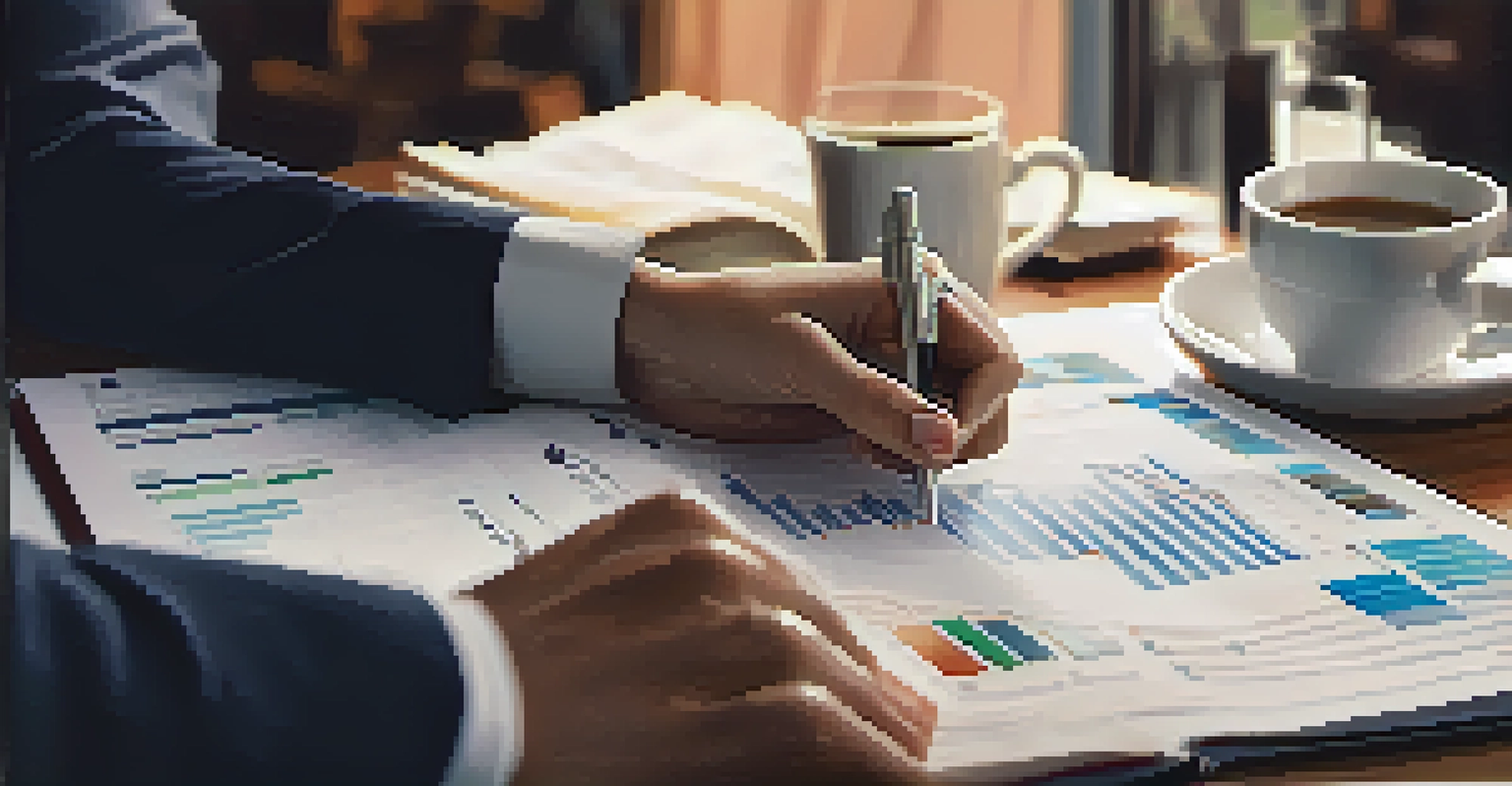 Close-up of hands holding a financial planner with charts and a cup of coffee in a softly blurred background.