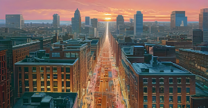 A vibrant city skyline at sunset with modern skyscrapers and historical buildings, filled with people and cars.