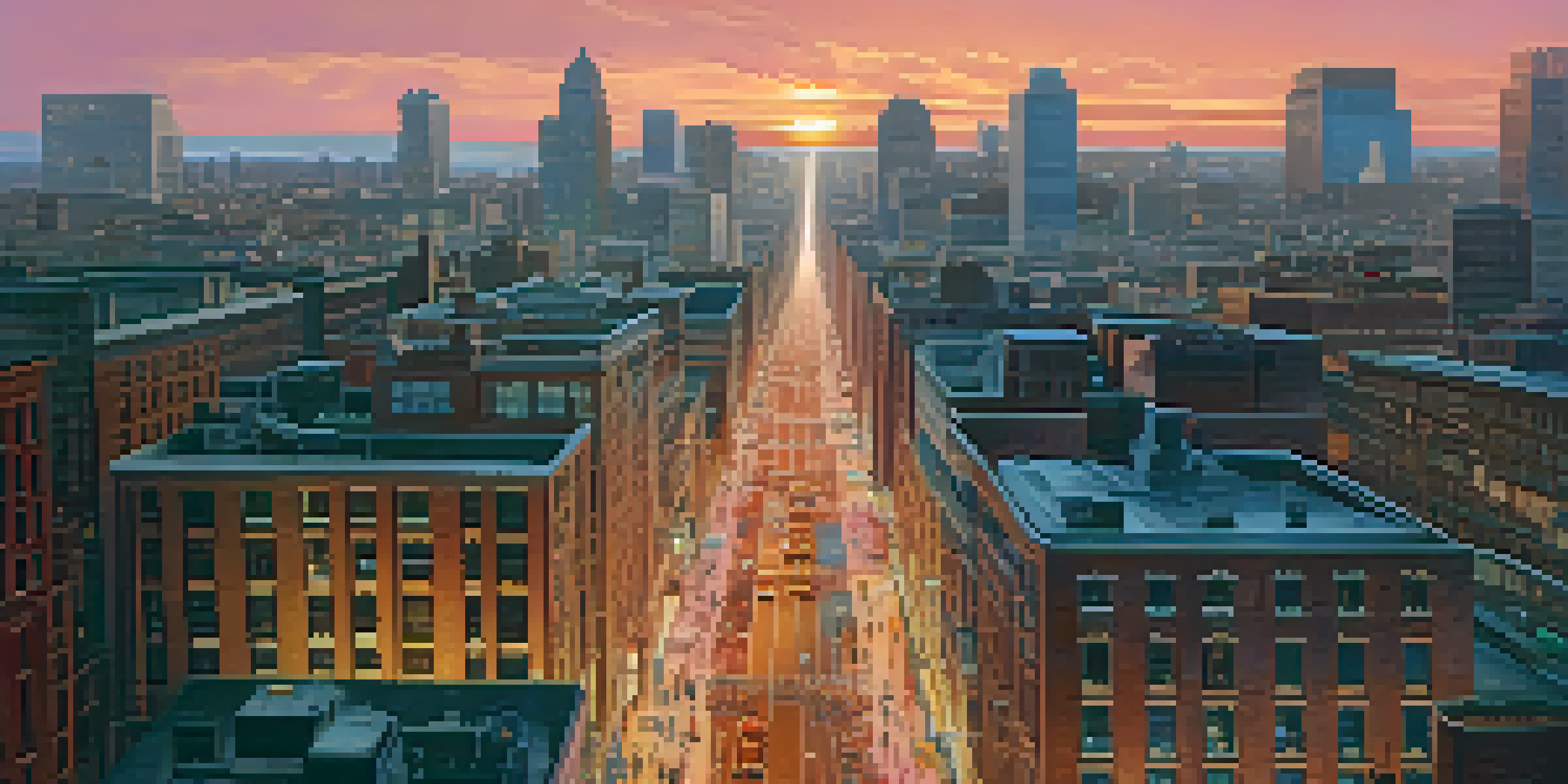 A vibrant city skyline at sunset with modern skyscrapers and historical buildings, filled with people and cars.