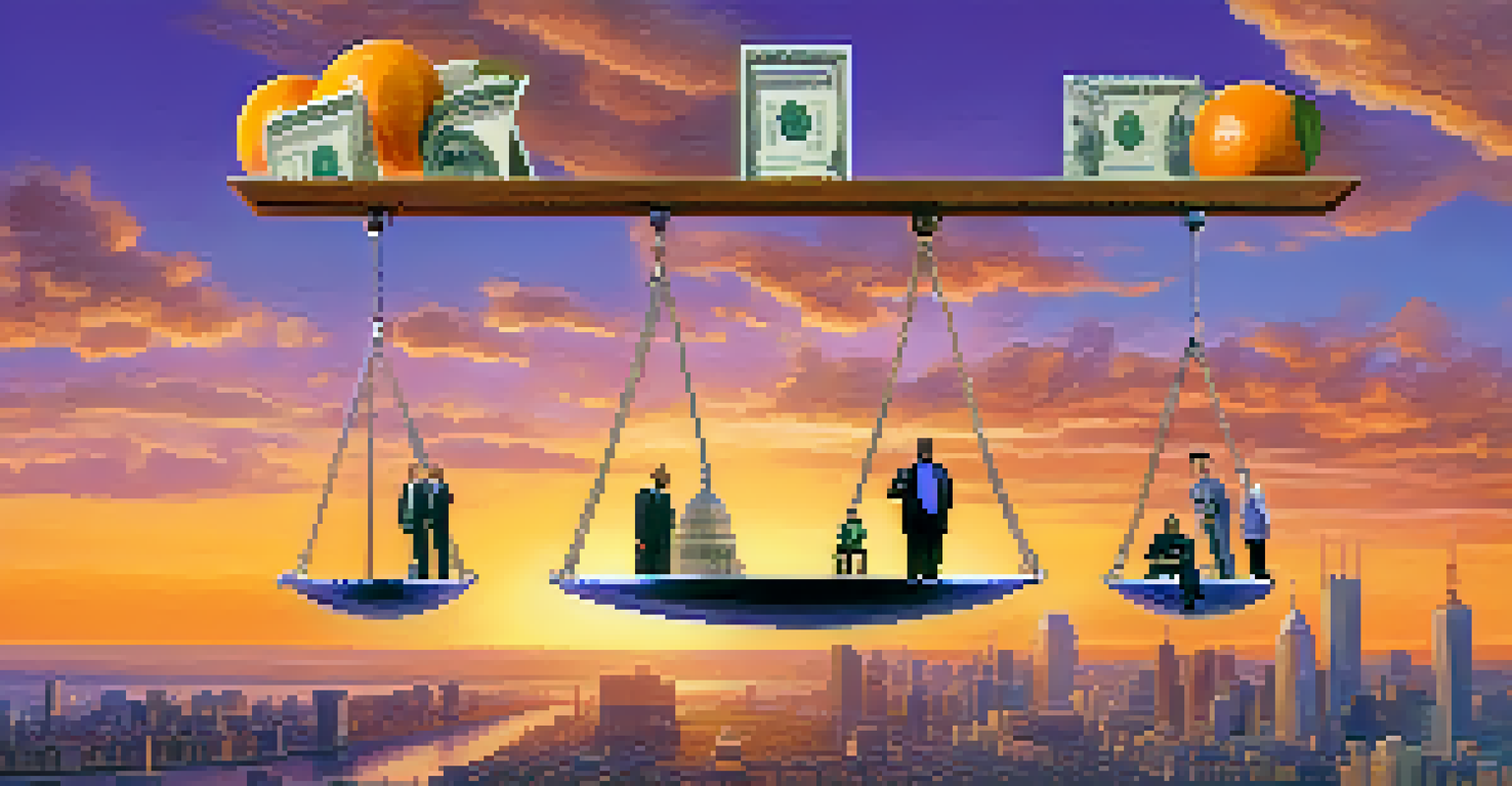 A balanced scale with money on one side and diverse individuals on the other, set against a sunset city skyline, symbolizing wealth and equality.