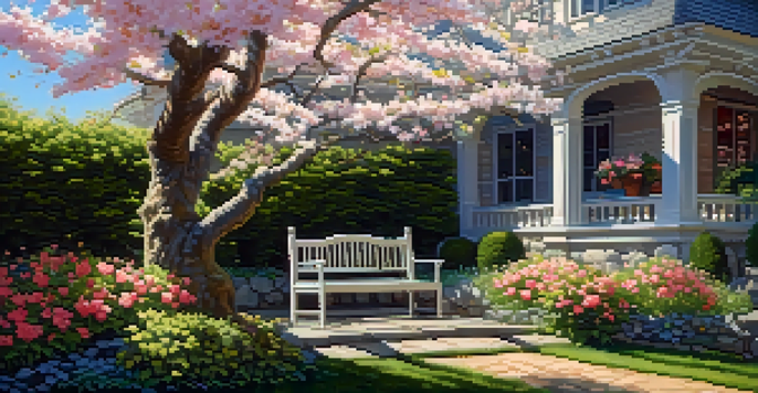 A tranquil garden scene with vibrant flowers, a stone bench, and a cottage under a blue sky.