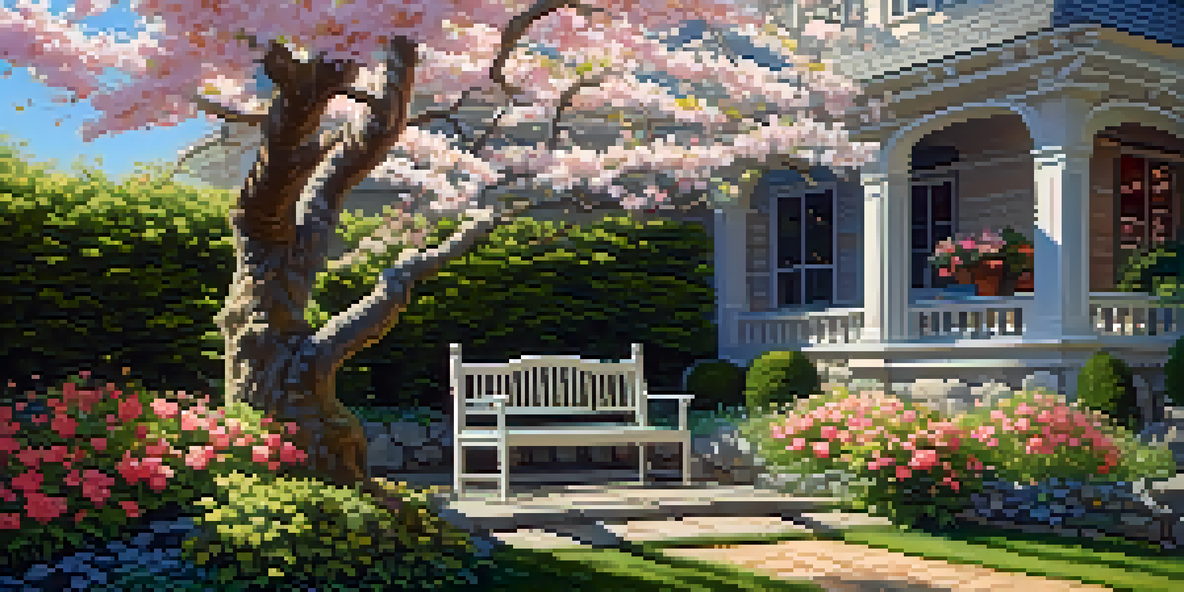 A tranquil garden scene with vibrant flowers, a stone bench, and a cottage under a blue sky.