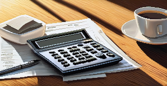 A close-up view of a calculator, tax forms, and a coffee cup on a wooden table, bathed in warm morning light.