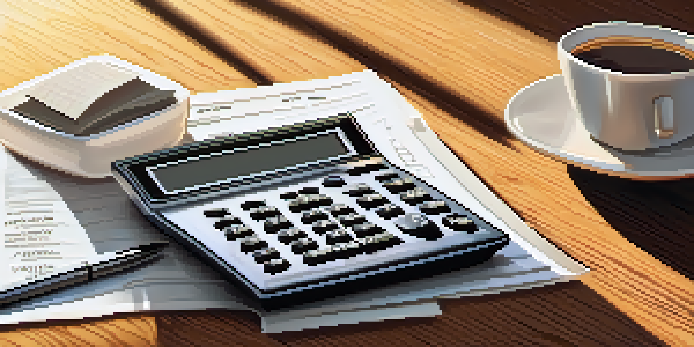 A close-up view of a calculator, tax forms, and a coffee cup on a wooden table, bathed in warm morning light.