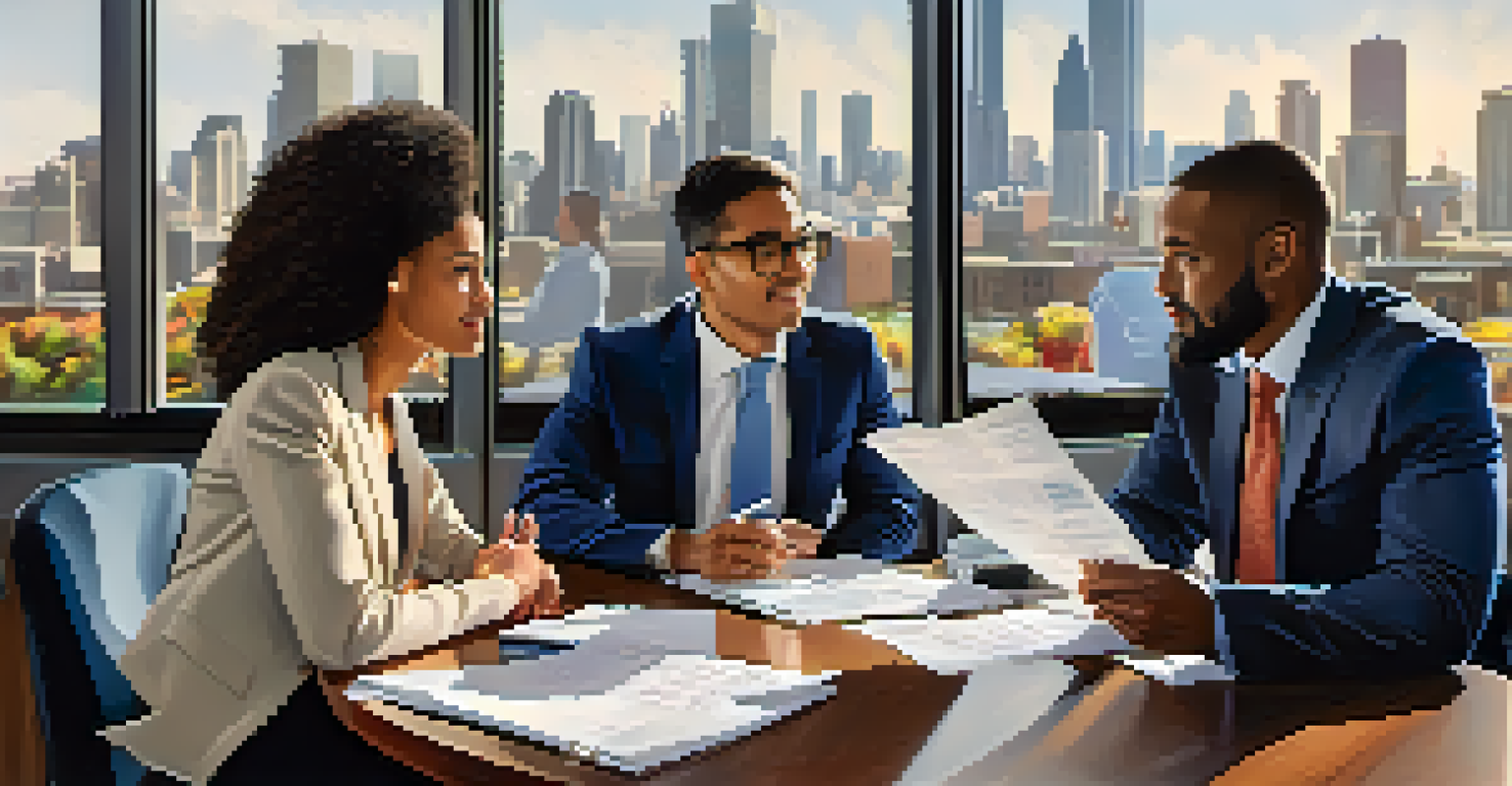 A group of diverse business professionals discussing tax documents in a modern conference room.
