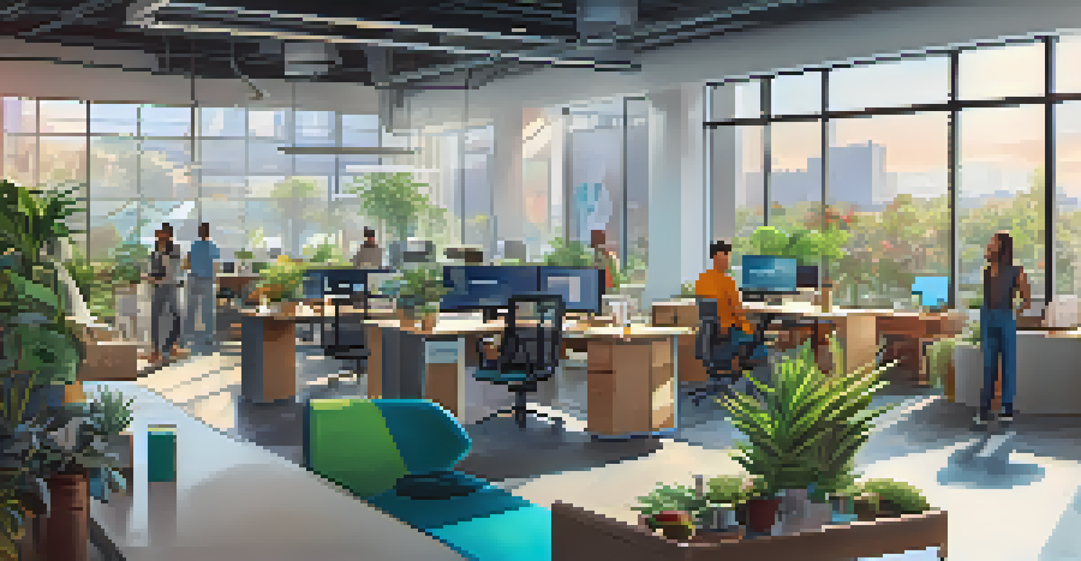 A contemporary tech startup office bustling with diverse employees working together in a bright, innovative space filled with plants and natural light.