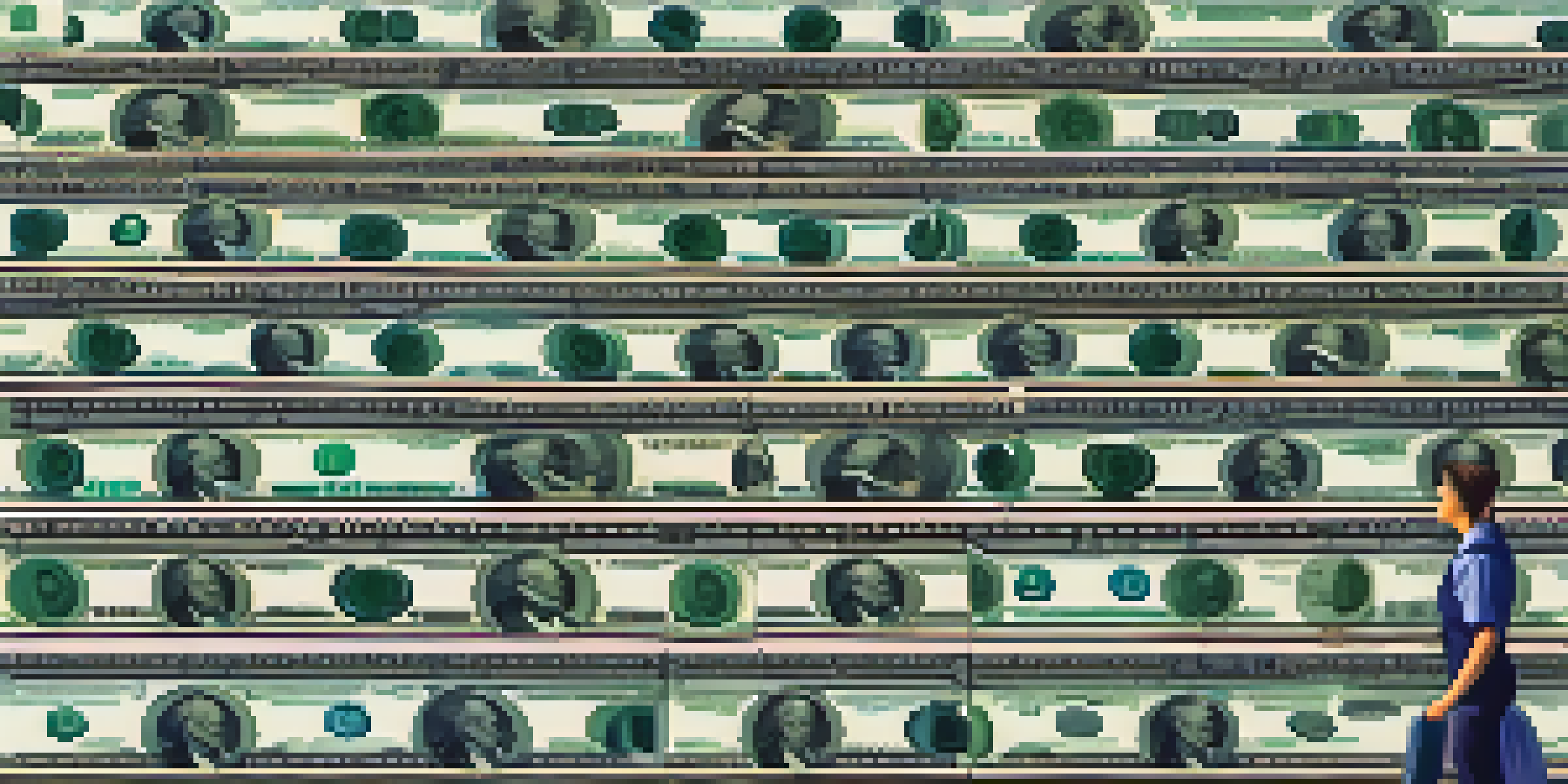 An illustration showing a staircase made of money representing progressive taxation, with people of diverse backgrounds climbing it under a bright blue sky.